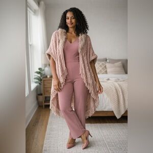 BellanBlue Blush Knit Shawl with Faux Fur Trim